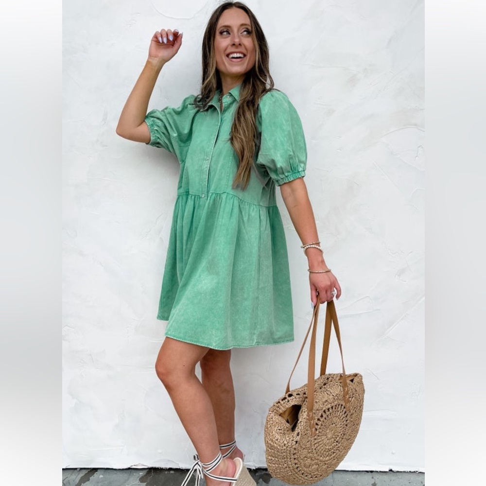 Washed Denim Collared Puff Sleeve Dress